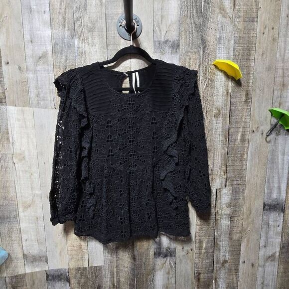Anthropologie Black Clementine Eyelet Ruffle Lace Blouse - Picture 2 of 5